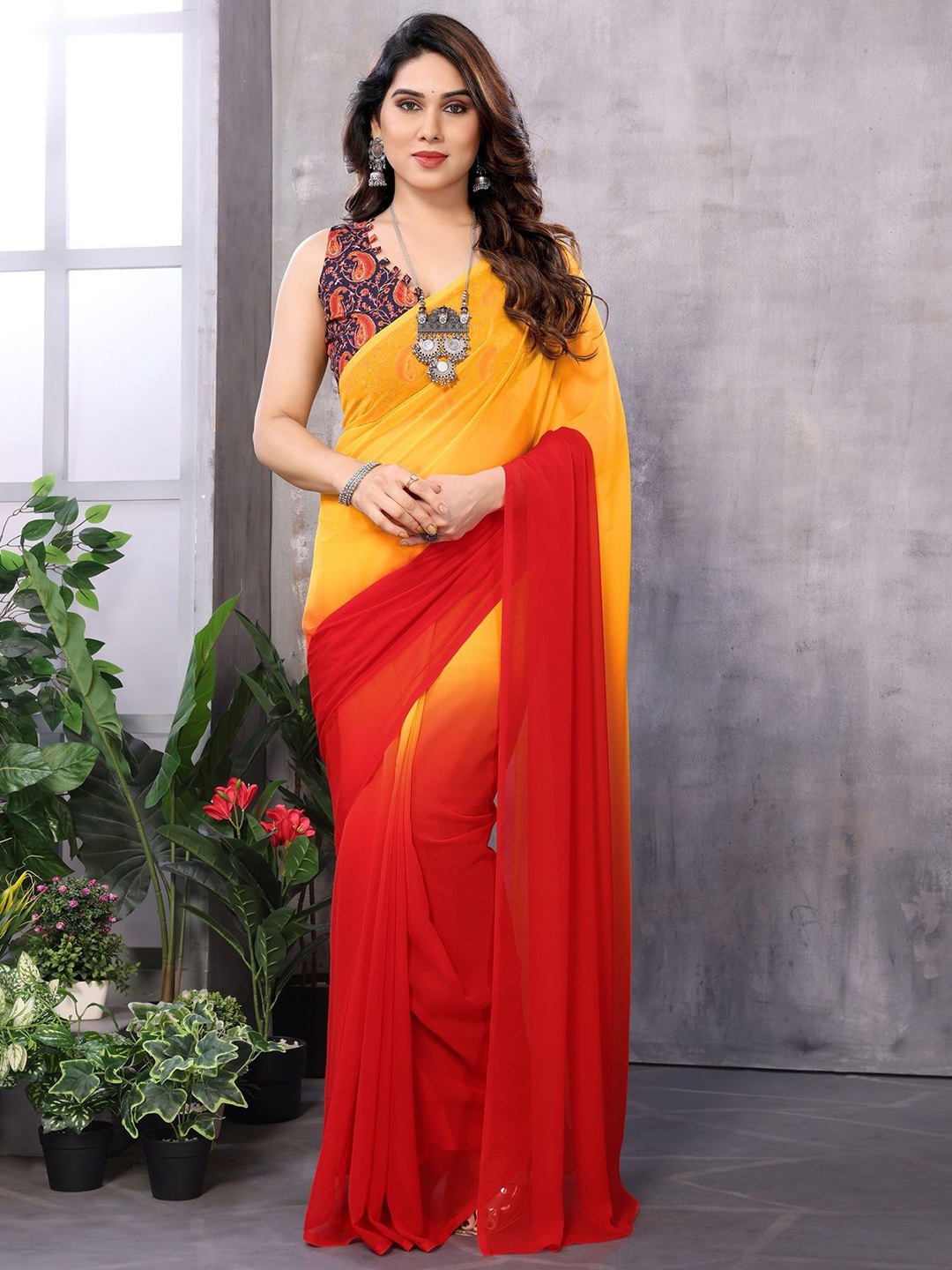

Fashion FRICKS Ombre Poly Georgette Ready to Wear Saree, Orange