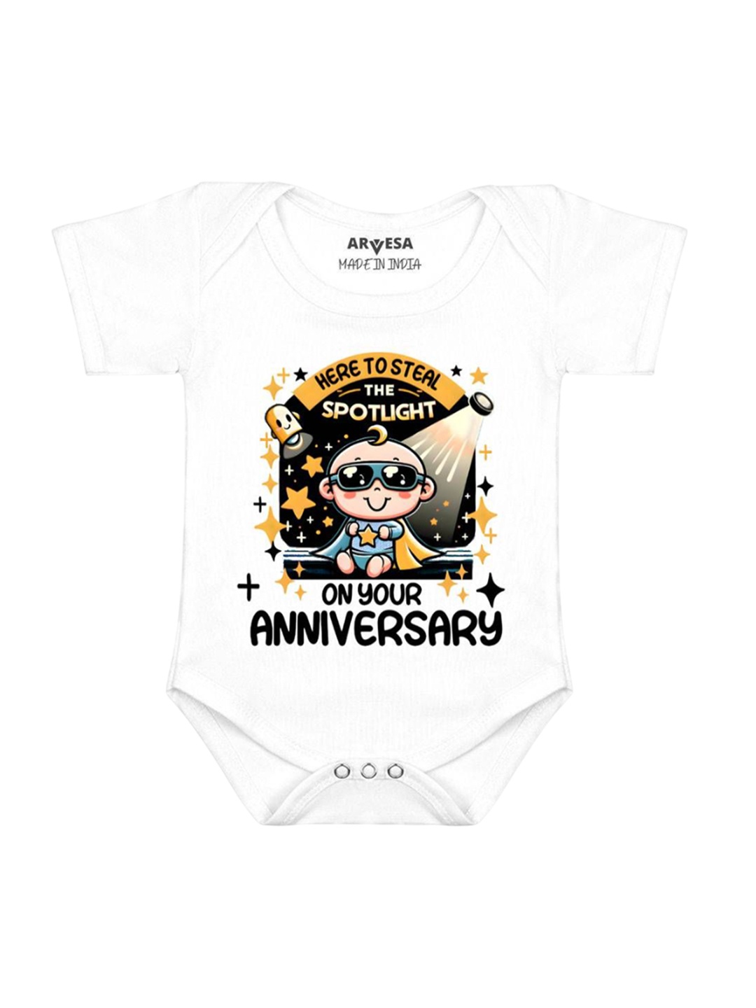 

Arvesa Kids First Anniversary With Mom And Dad Printed Romper, White