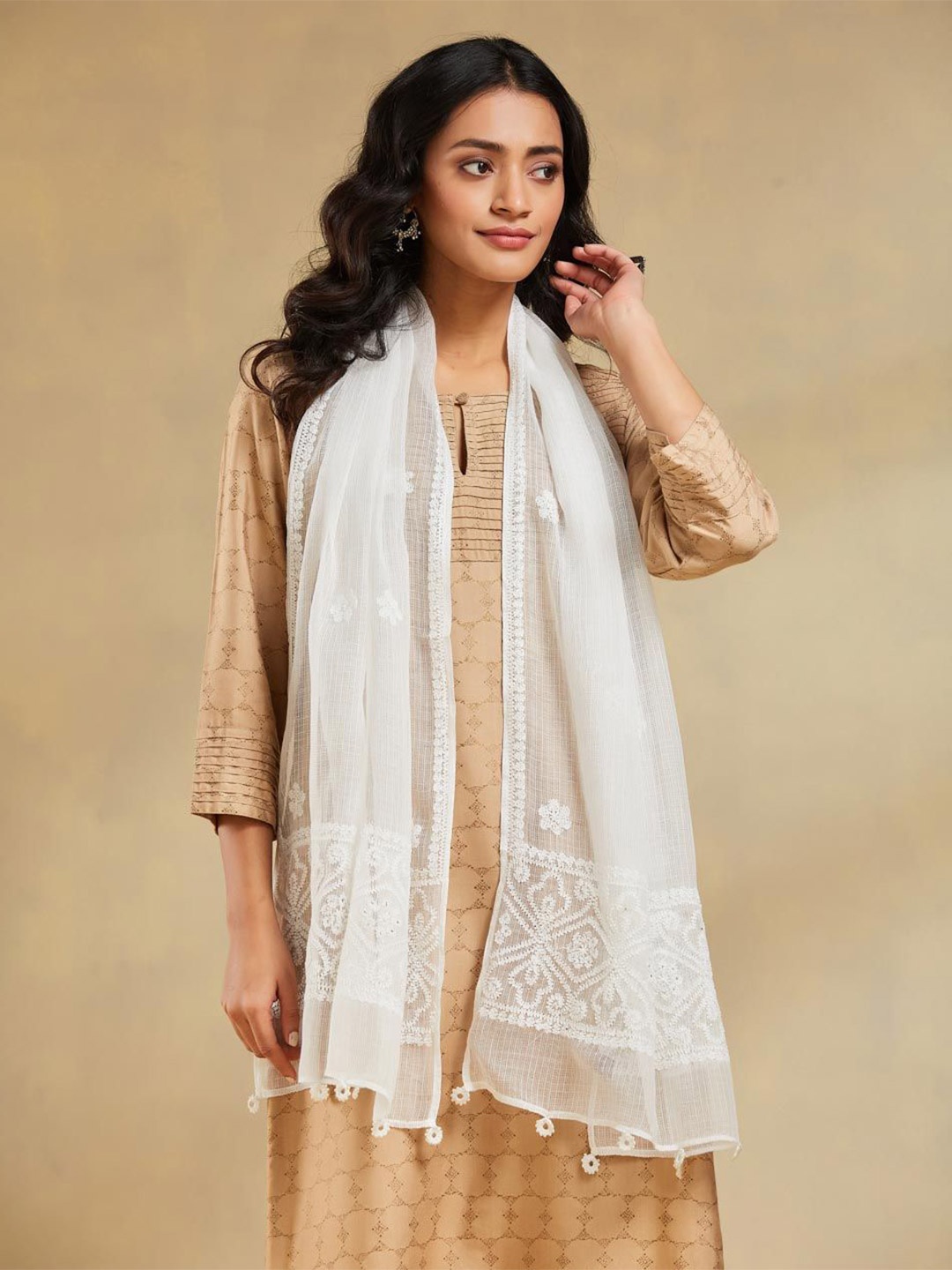 

Fabindia Women Embroidered Stole, White