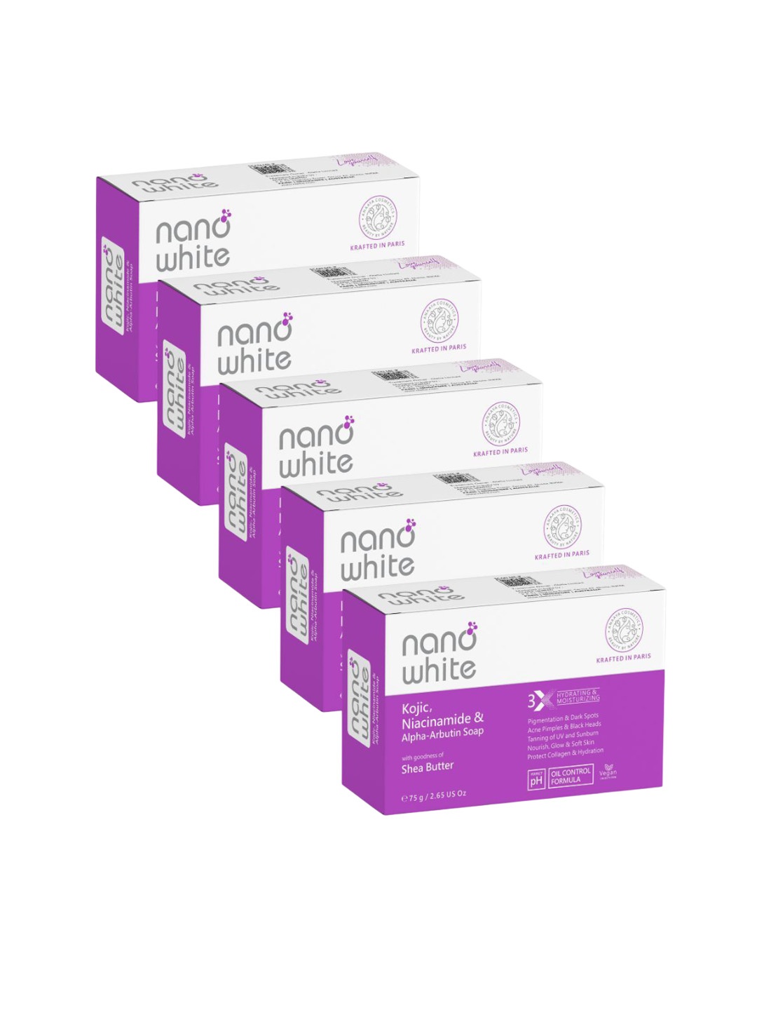 

nano white Set Of 5 Kojic, Niacinamide & Alpha Arbutin Soap For Glowing Skin - 75 g Each