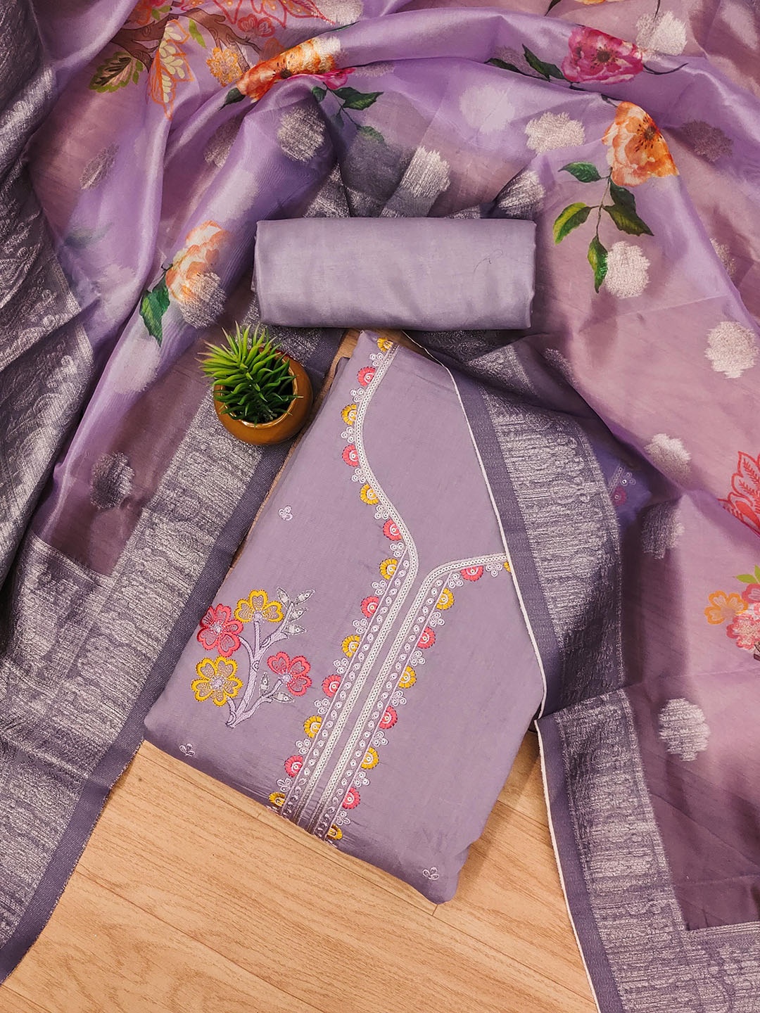 

SAINOOR Embroidered Pure Silk Unstitched Dress Material, Lavender