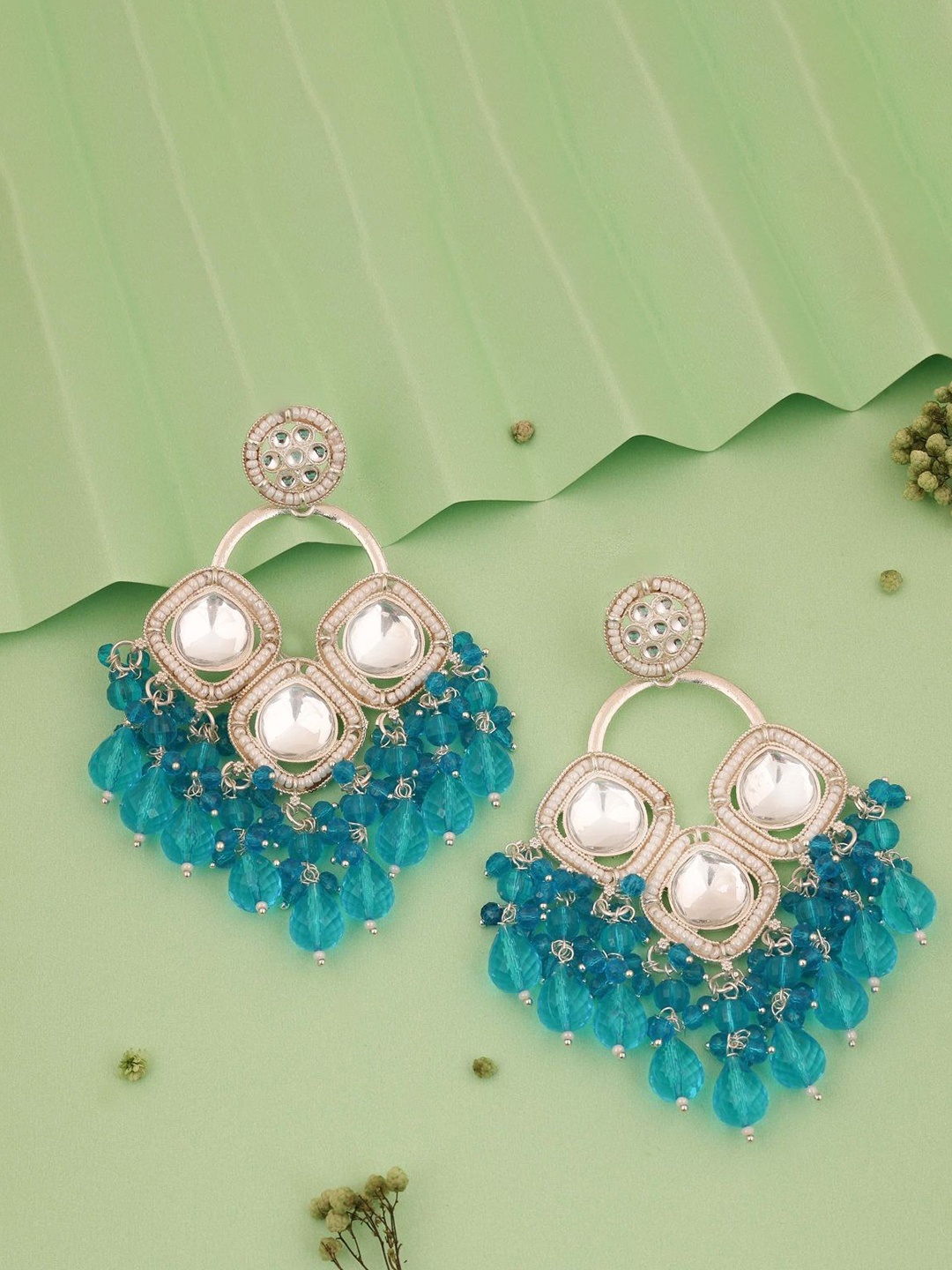 

Lyriss Gold Plated Artificial Stone Studded & Beaded Diamond Shaped Drop Earrings