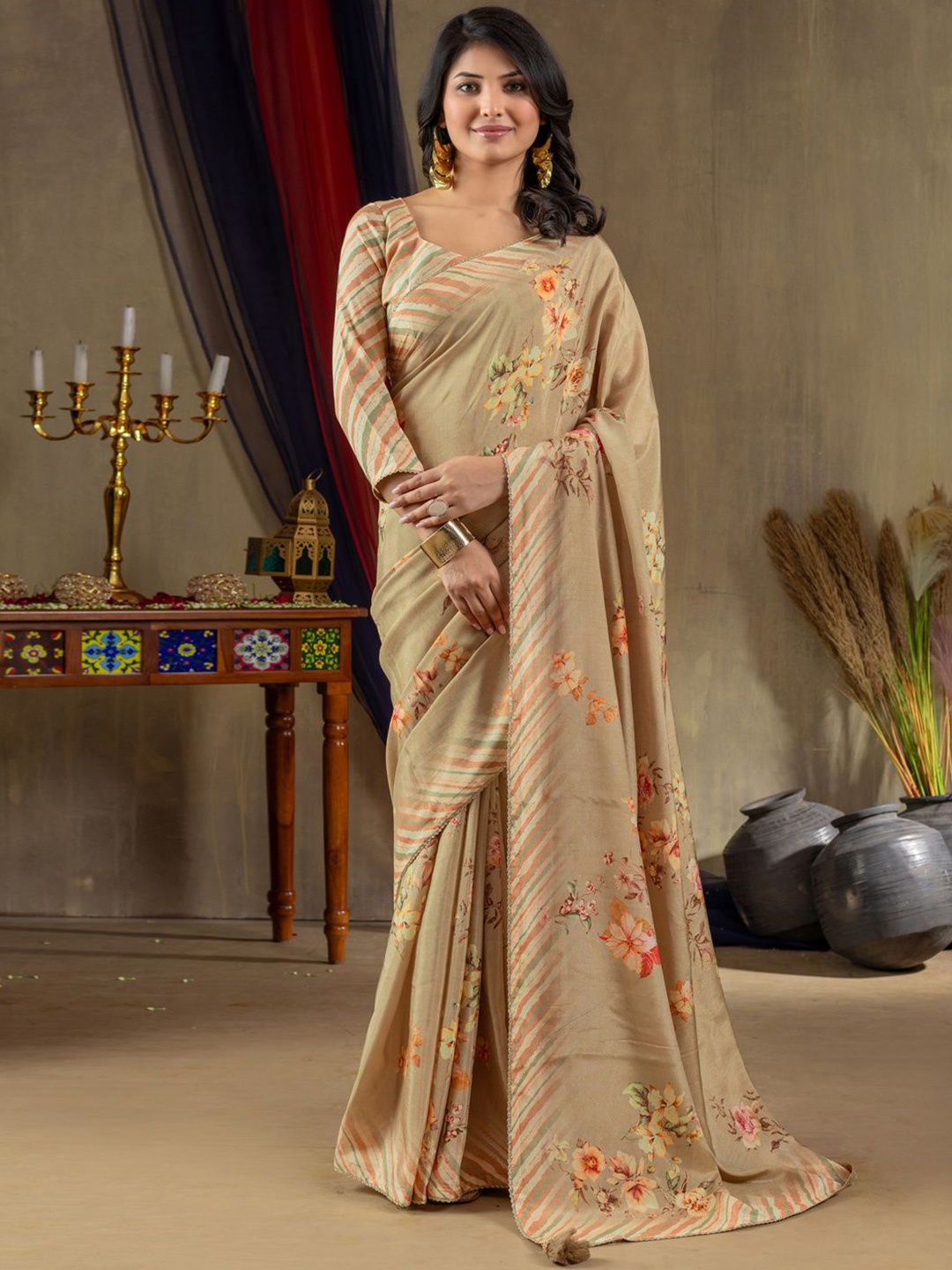 

Anouk Floral Block Print Saree, Beige