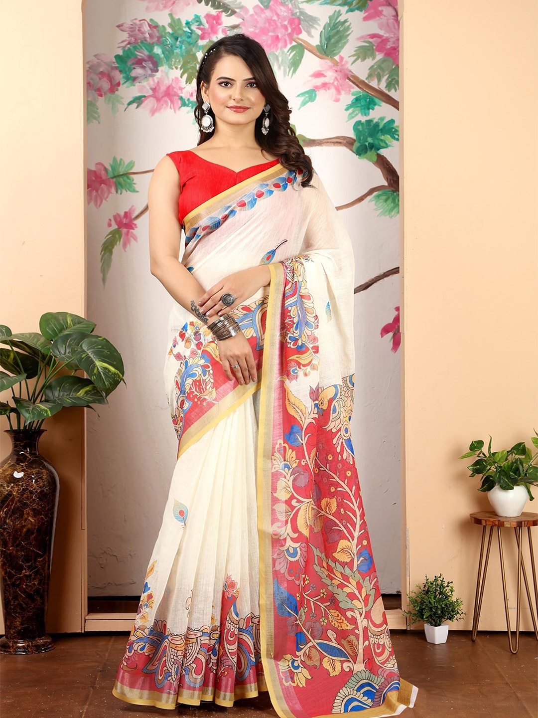 

KALINI Floral Printed Saree with Blouse Piece, White