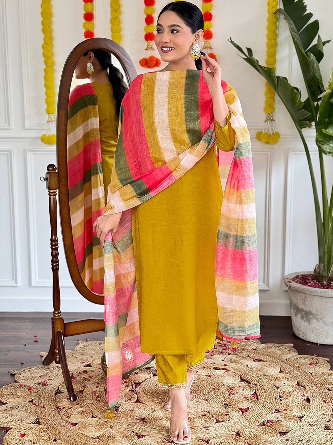 

NIZA FASHION Women Embroidered Regular Chanderi Silk Kurta with Trousers & With Dupatta, Mustard
