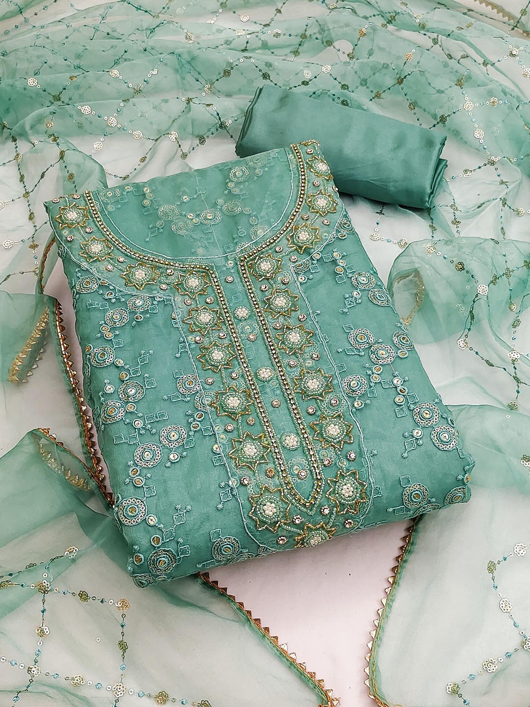 

SAINOOR Embroidered Organza Semi-Stitched Dress Material, Sea green