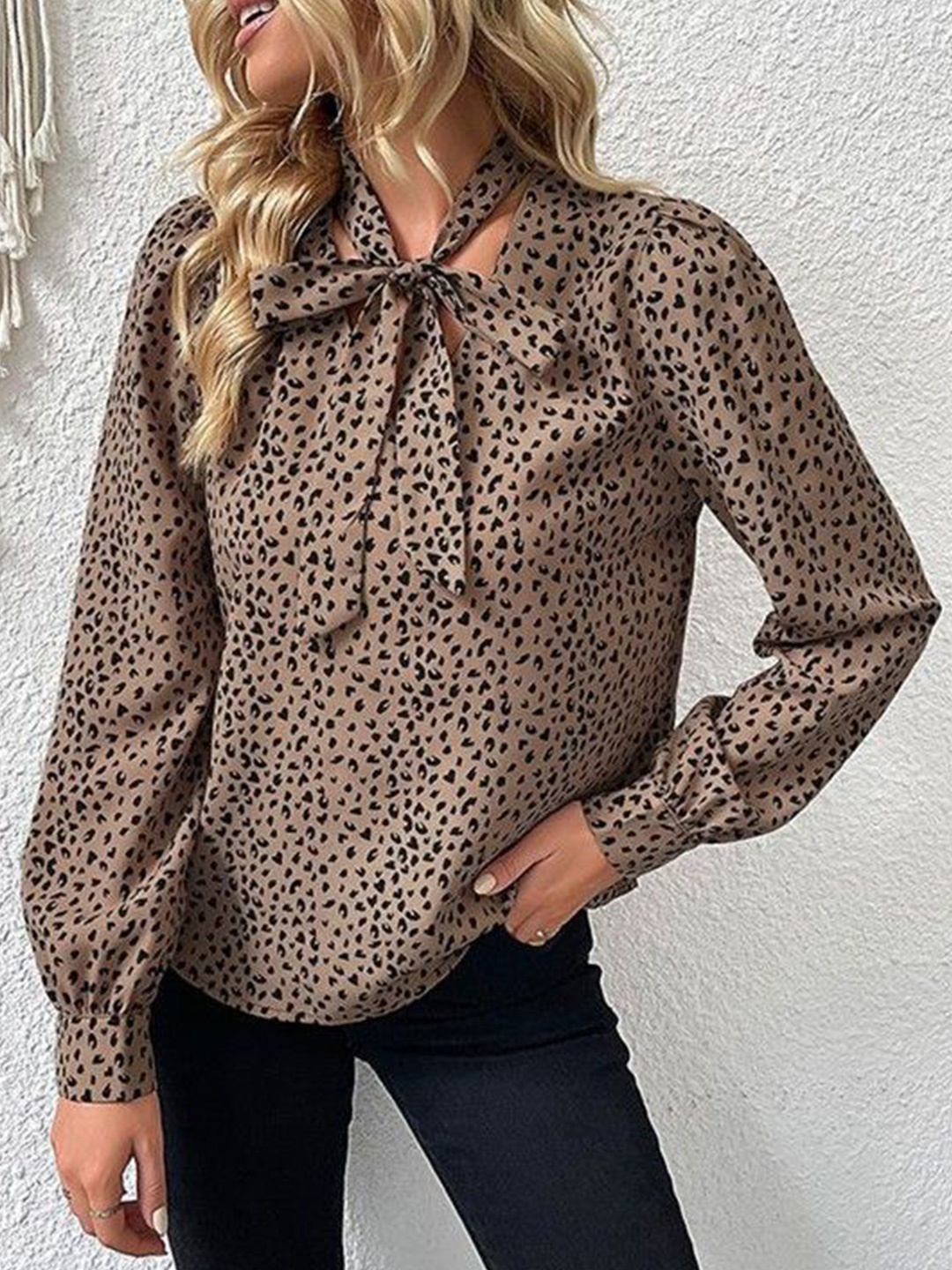 

HERE&NOW Animal Print Tie-Up Neck Top, Grey