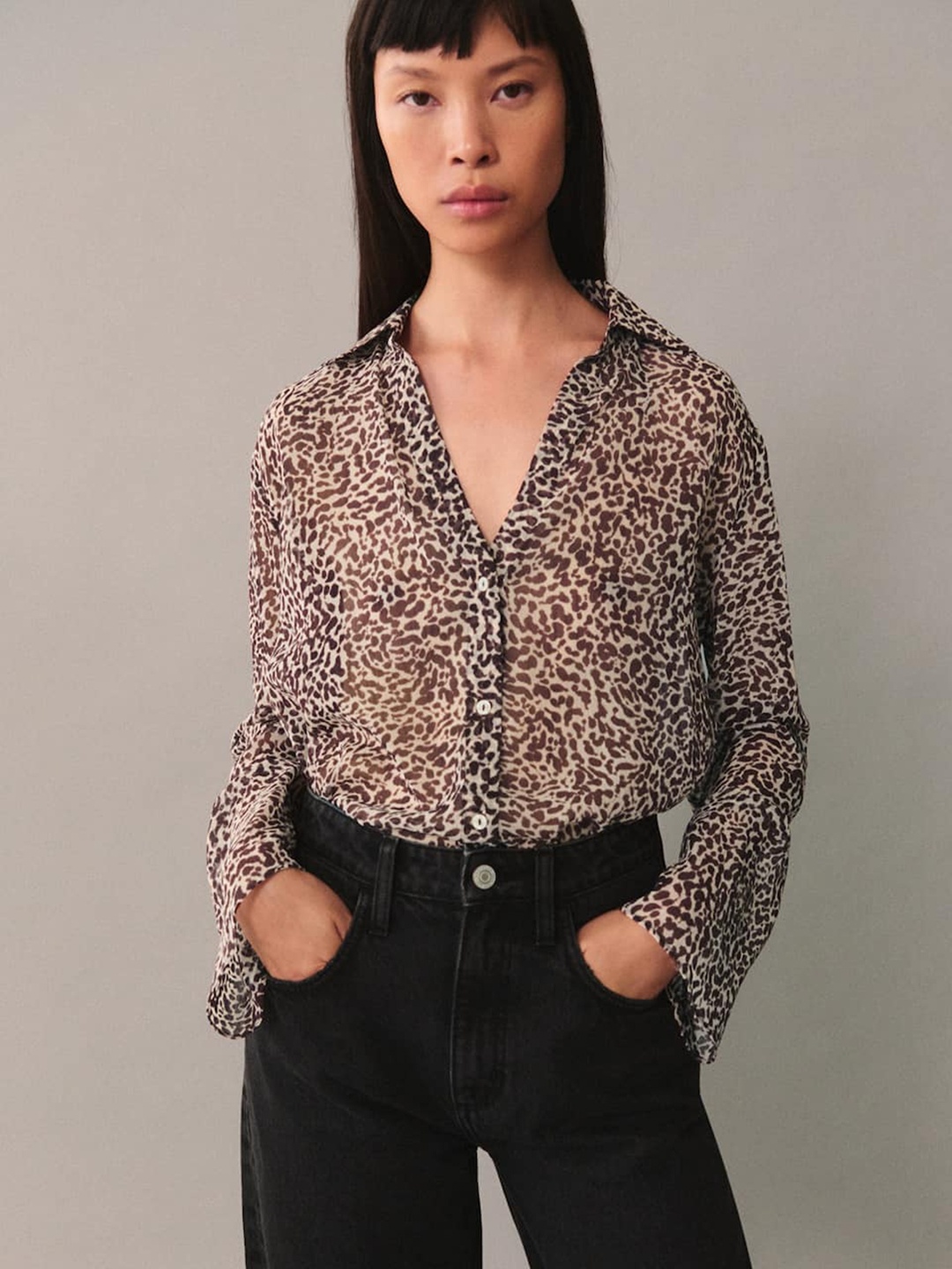

MANGO Animal Sheer Print Casual Shirt, Brown