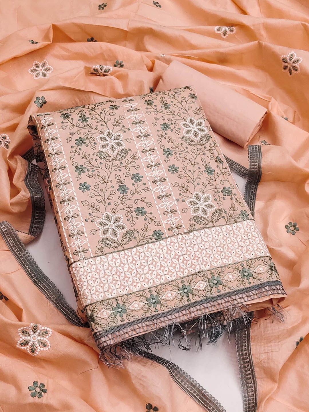 

SAINOOR Embroidered Pure Cotton Semi-Stitched Dress Material, Peach
