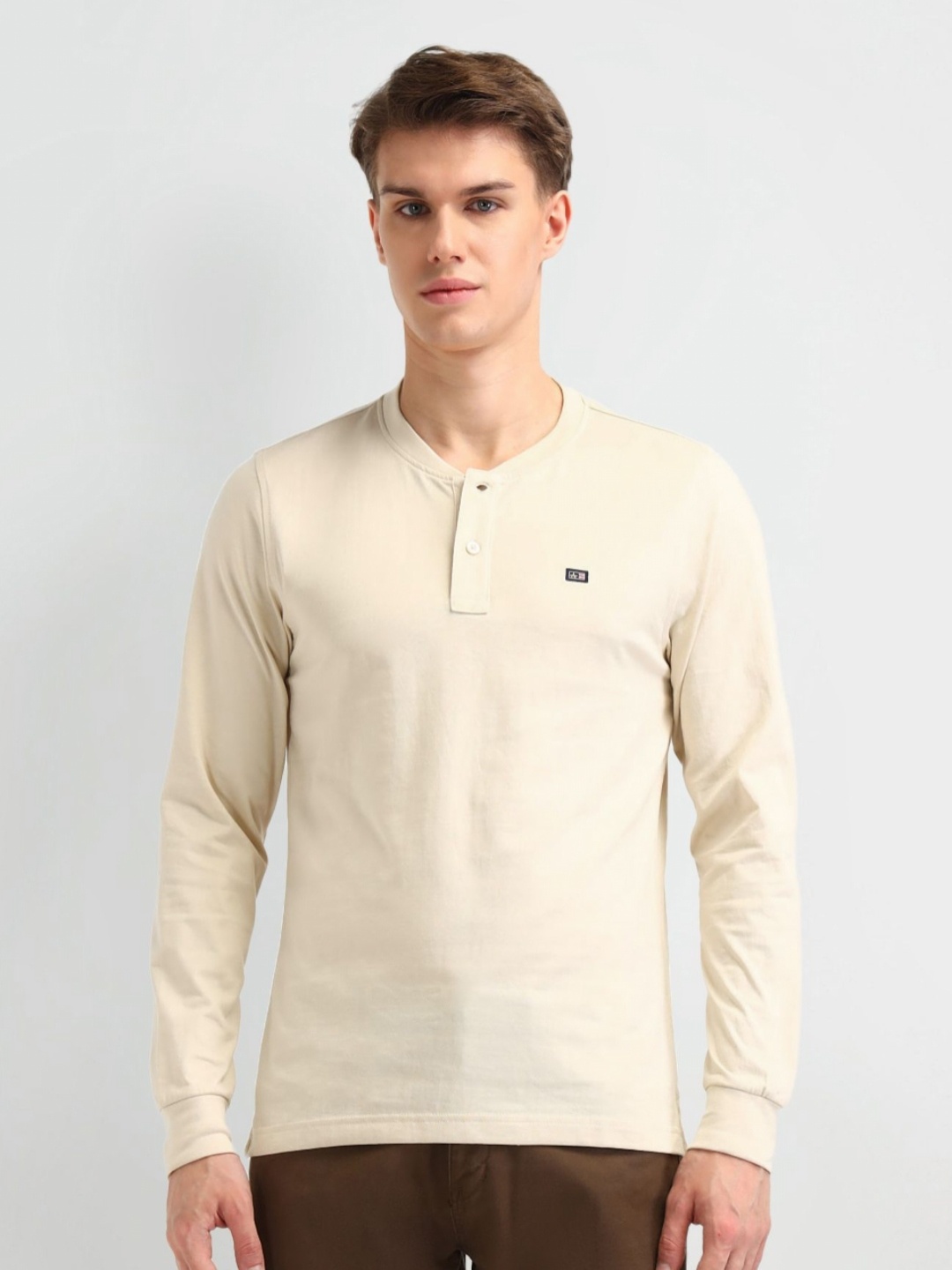 

Arrow Sport Men Brand Logo Henley Neck T-shirt, Beige