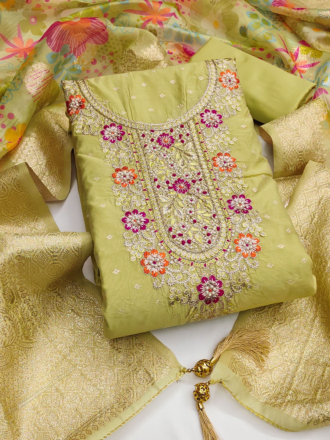 

SAINOOR Woven Design Semi-Stitched Dress Material, Lime green