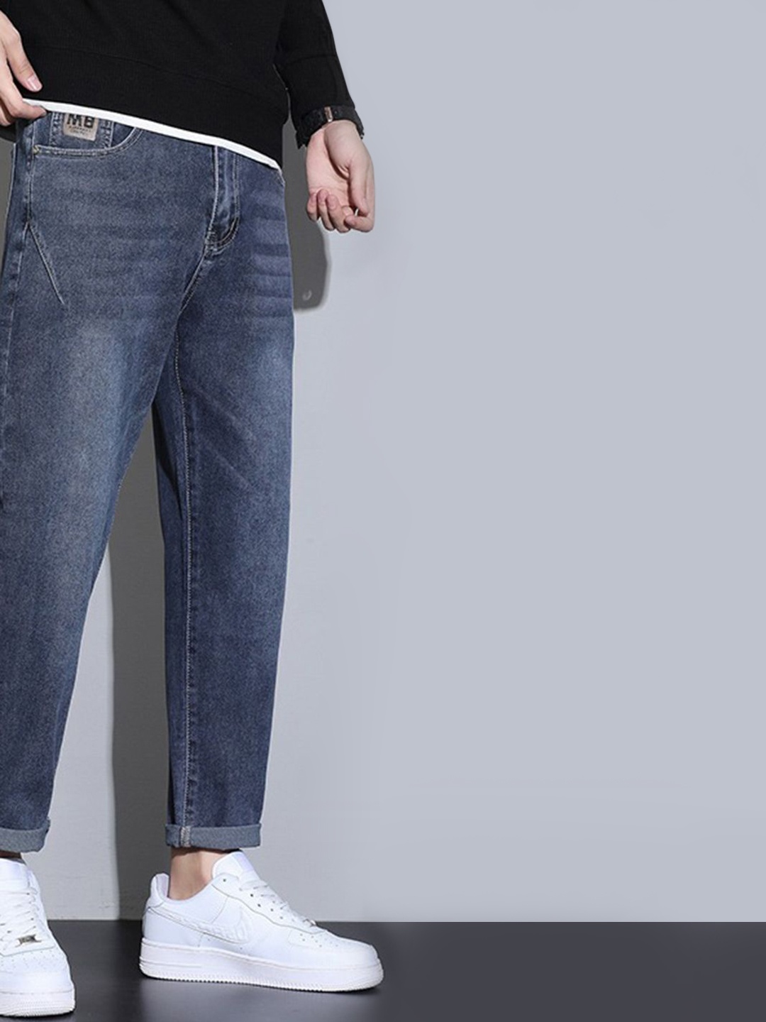 

Mast & Harbour Men Cotton Regular Fit Mid-Rise Light Fade Cropped Jeans, Blue