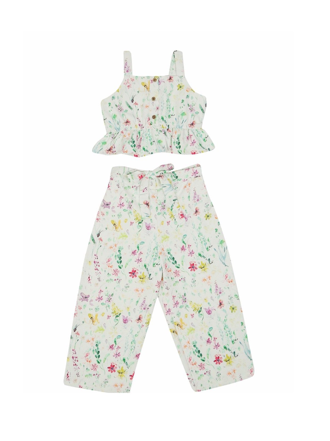 

Doodle Girls Floral Printed Shoulder Straps Top With Trouser, White