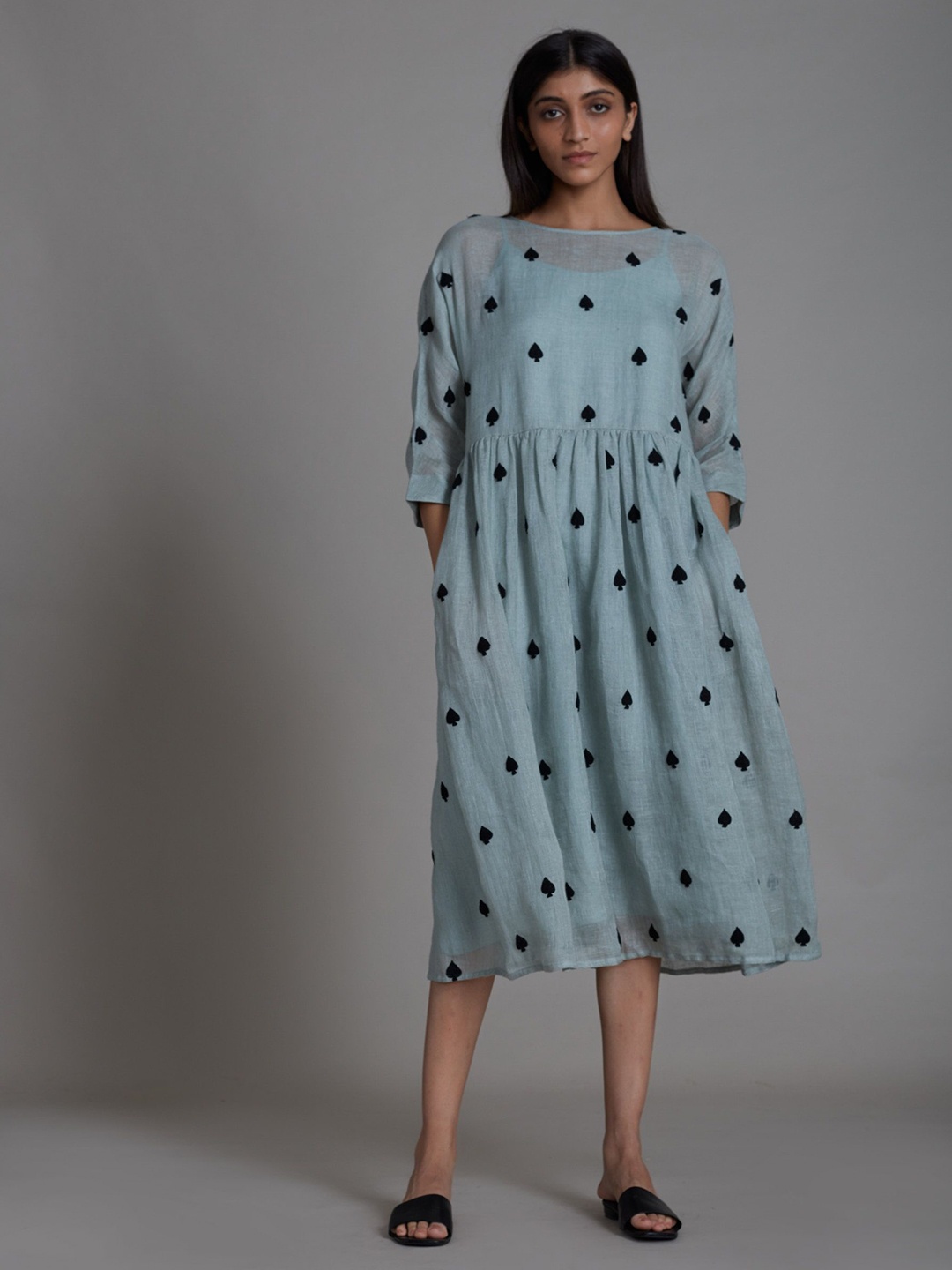 

MATI Polka Dot Print Linen Empire Midi Dress, Blue