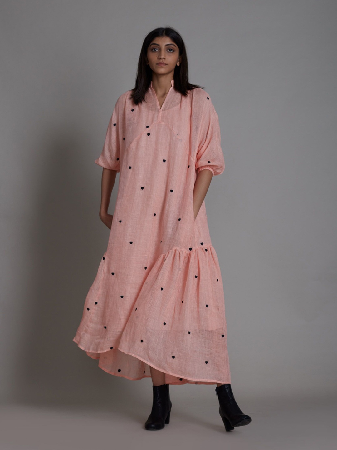 

MATI Print Linen A-Line Midi Dress, Pink