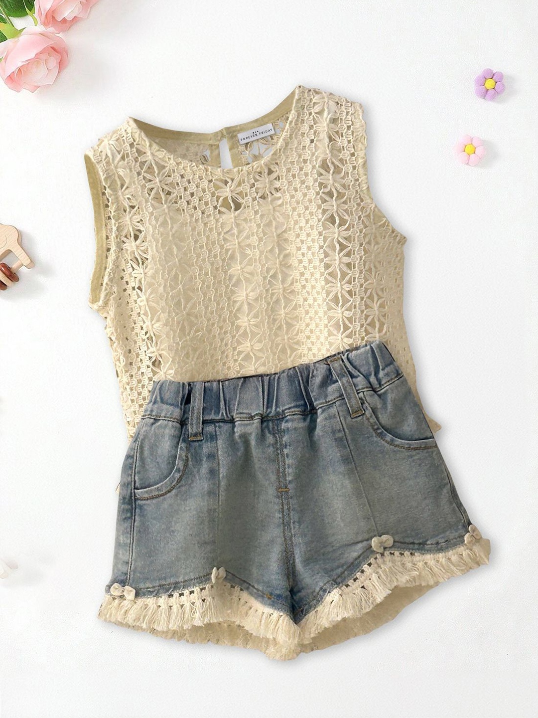 

FOREVER FRIDAY Girls Self Design Sleeveless Cotton Top With Shorts, Off white