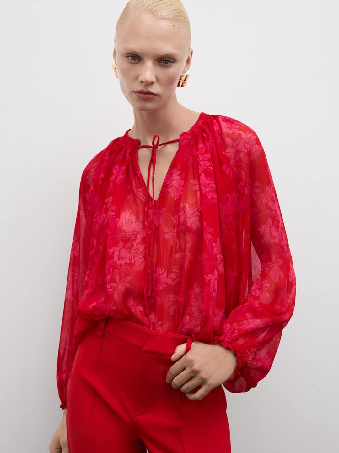 

MANGO Floral Print Tie-Up Neck Top, Red