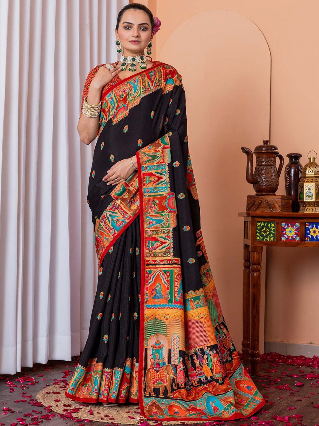 

Anouk Ethnic Motifs Silk Blend Saree, Black