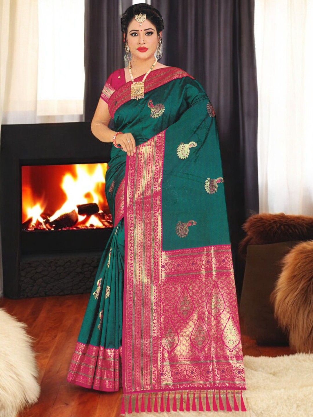 

SHOPPKEE Ethnic Motifs Silk Blend Designer Banarasi Saree, Green