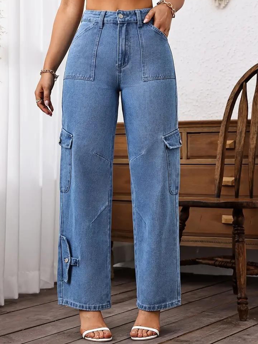 

DressBerry Women Comfort Wide Leg High-Rise Light Fade Acid Wash Stretchable Jeans, Blue