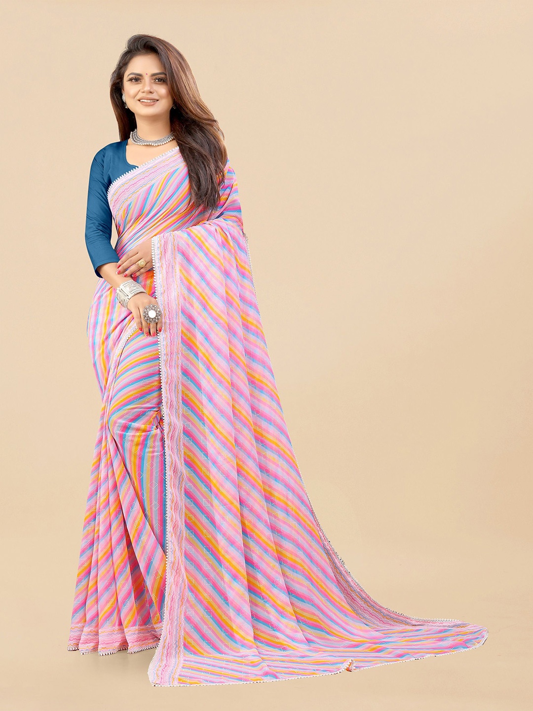 

Moda Rapido Striped Gotta Patti Poly Georgette Saree, Pink