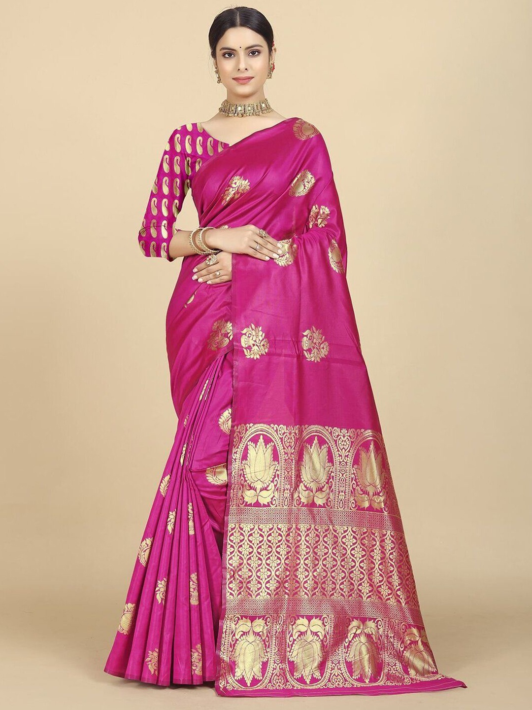 

PEORA'S CLOSET Ethnic Motifs Silk Blend Banarasi Saree, Magenta