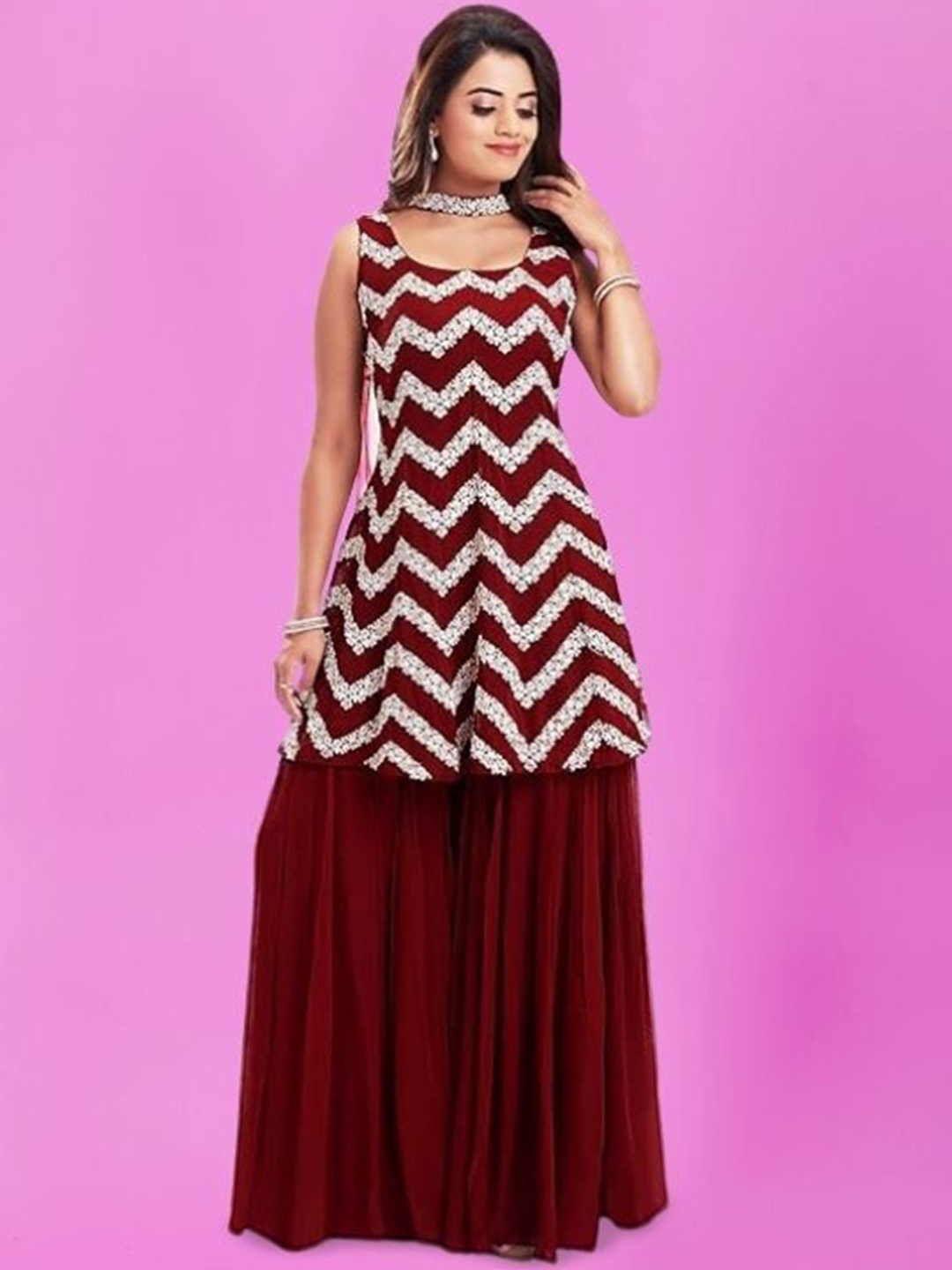 

PARROT CREATION Embroidered Sequinned Round Neck Kurti with Sharara & Dupatta, Maroon