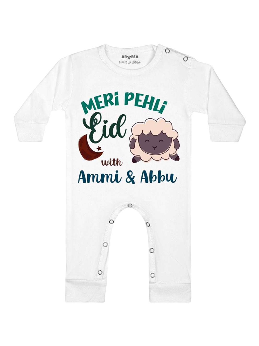 

Arvesa Meri Pehli Eid With Ammi & Abbu Printed Baby Romper, White