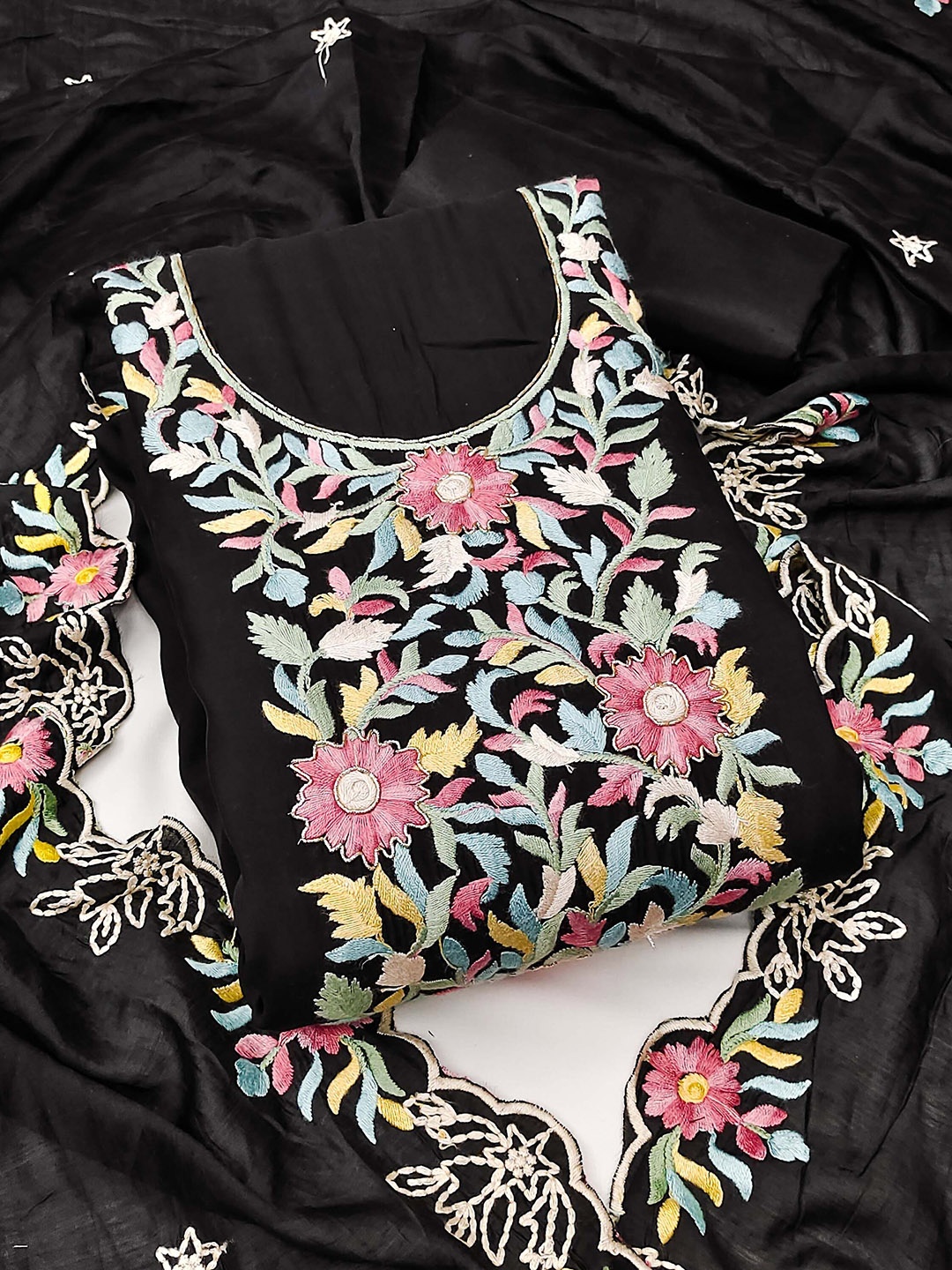 

SAINOOR Floral Embroidered Pure Silk Semi-Stitched Dress Material, Black