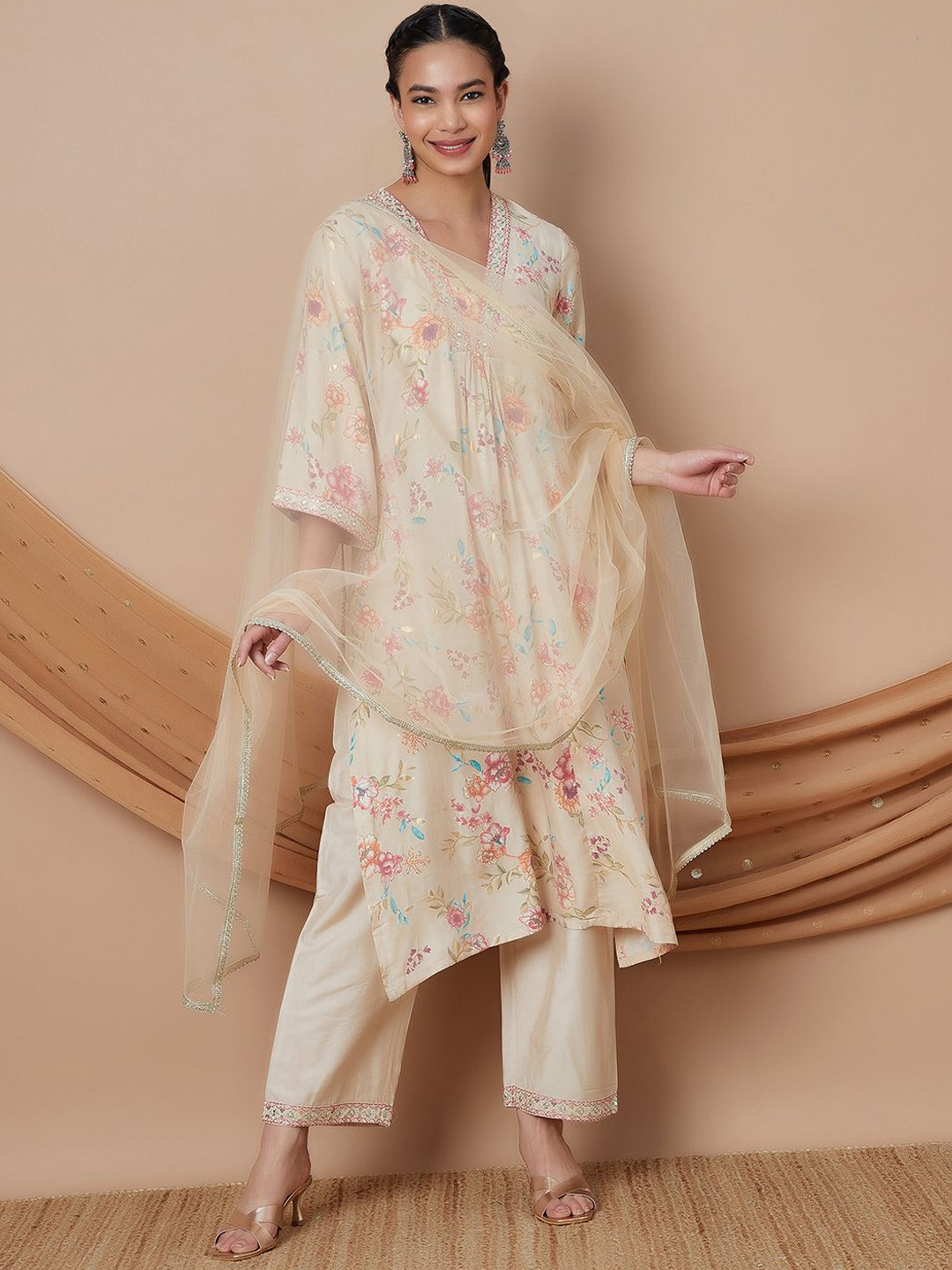 

Melange by Lifestyle Floral Printed Pleated Thread Work Kurta with Trouser & Dupatta, Off white