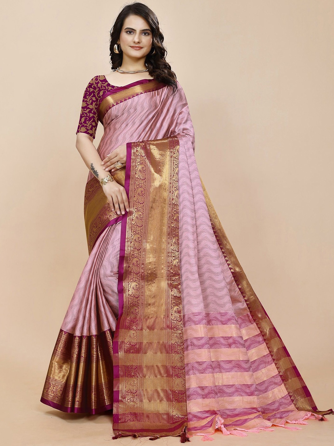 

Fashion FRICKS Ethnic Motifs Zari Silk Cotton Saree, Pink