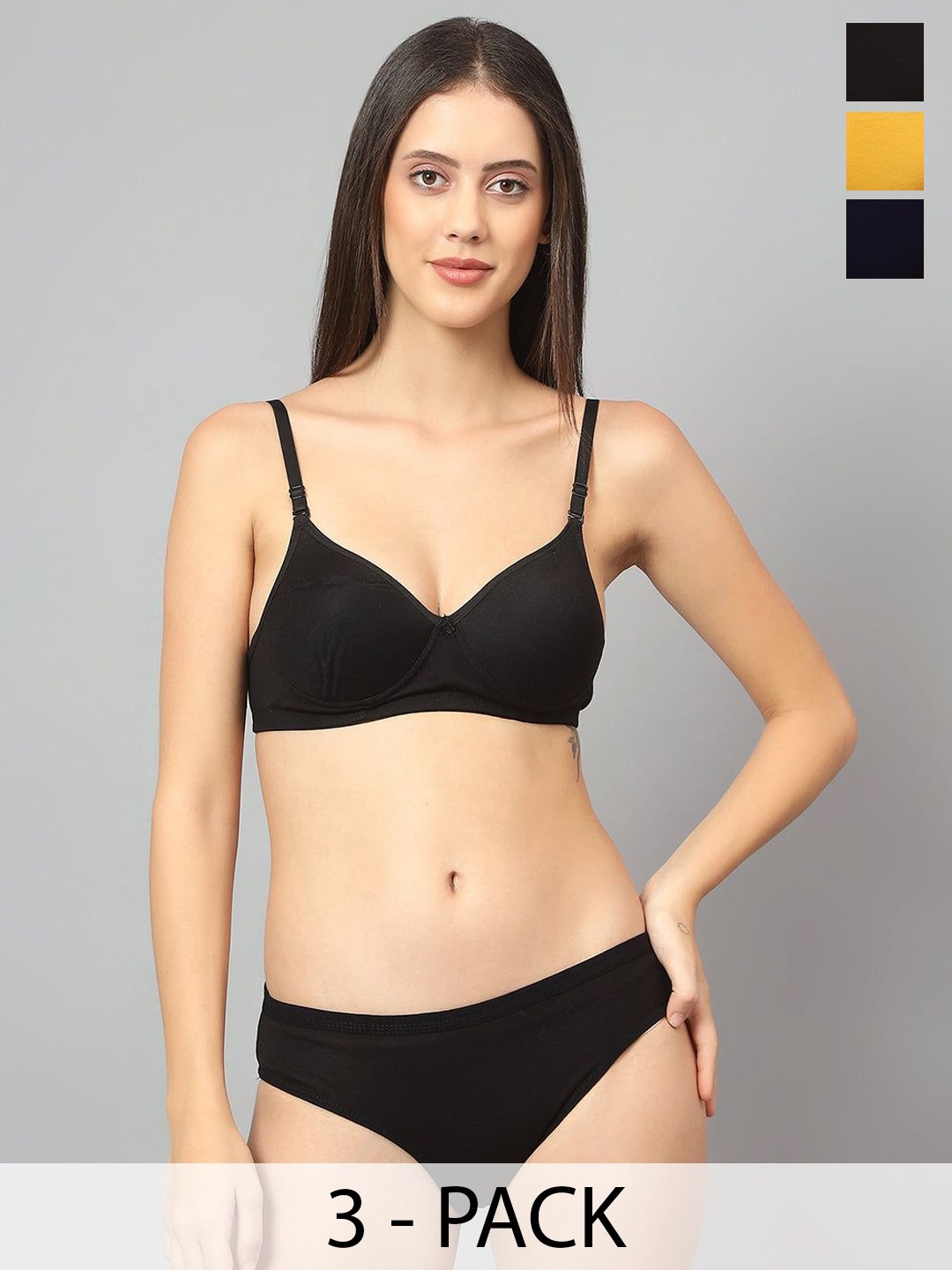 

Designer Bugs Pack Of 3 Cotton Non Padded Non Wired Lingerie Set NPLS-B-Y-NB-30B, Black