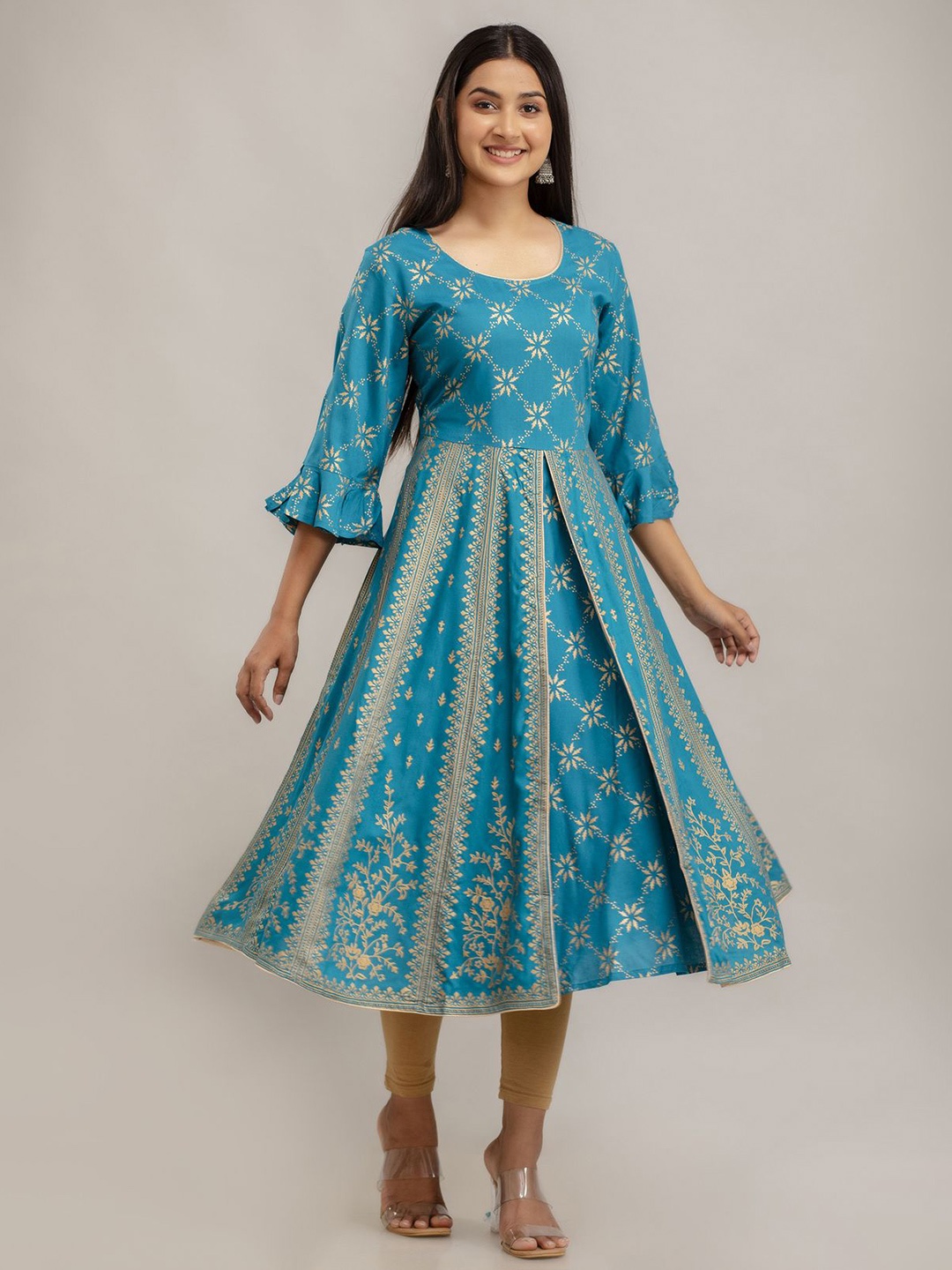 

G.L. FASHION Floral Printed Bell Sleeves Cotton A-Line Kurta, Blue