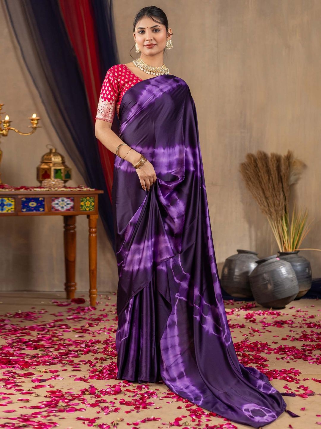 

Mitera Tie and Dye Satin Designer Block Print Saree, Purple