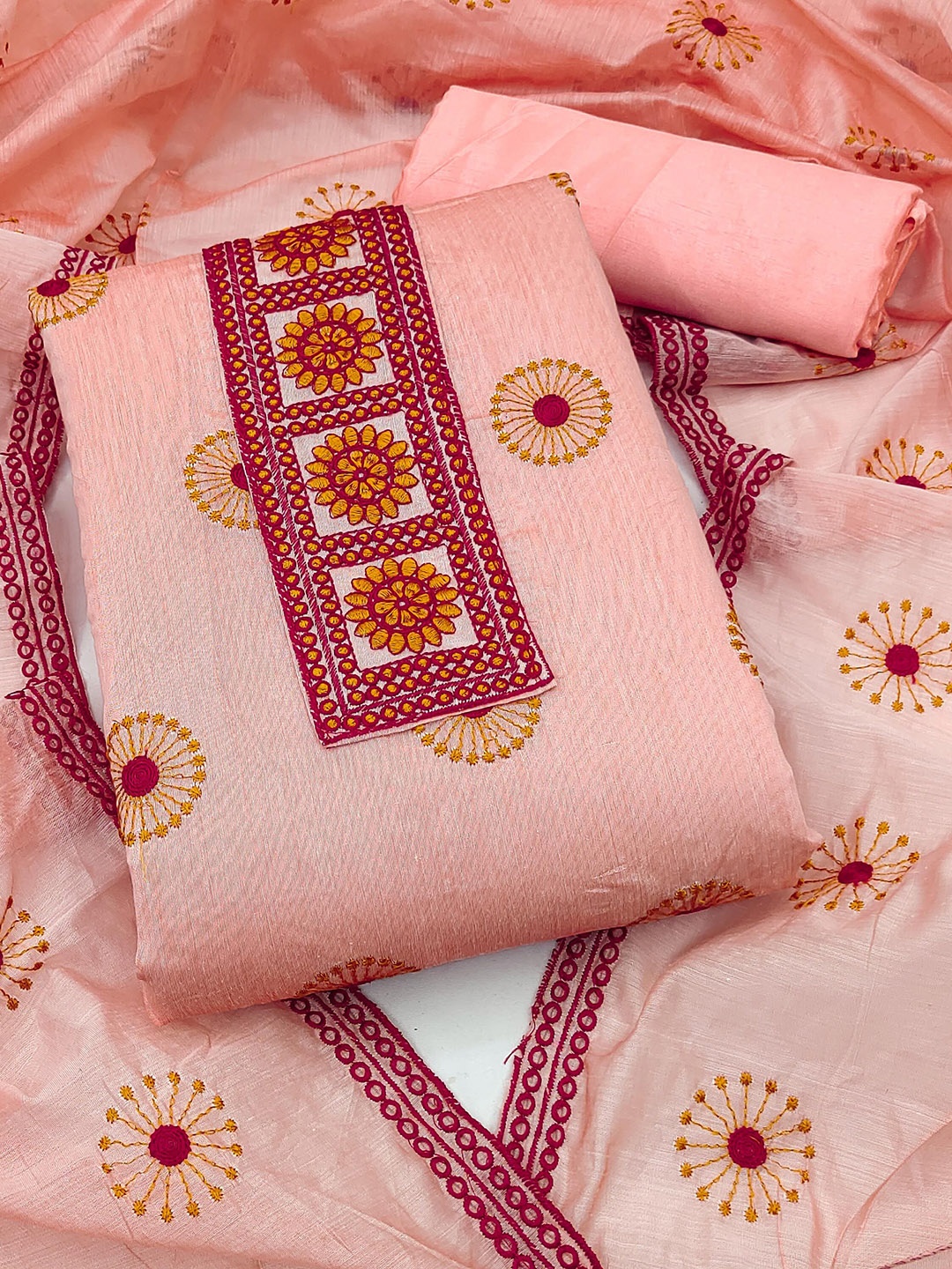 

SAINOOR Floral Embroidered Cotton Unstitched Dress Material, Peach