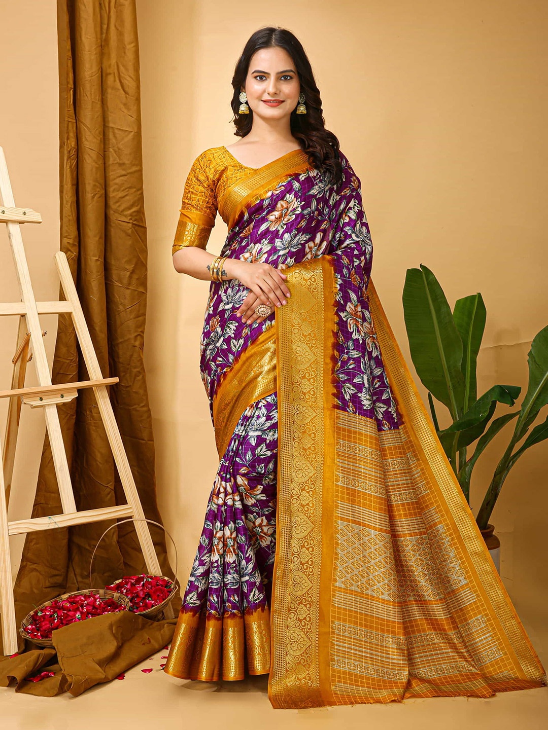 

V3 FASHION STUDIO Ethnic Motifs Zari Art Silk Saree, Purple
