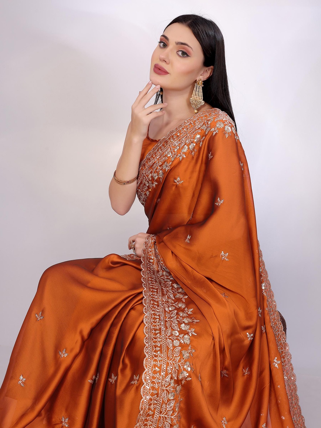 

HERE&NOW Embellished Embroidered Saree, Orange