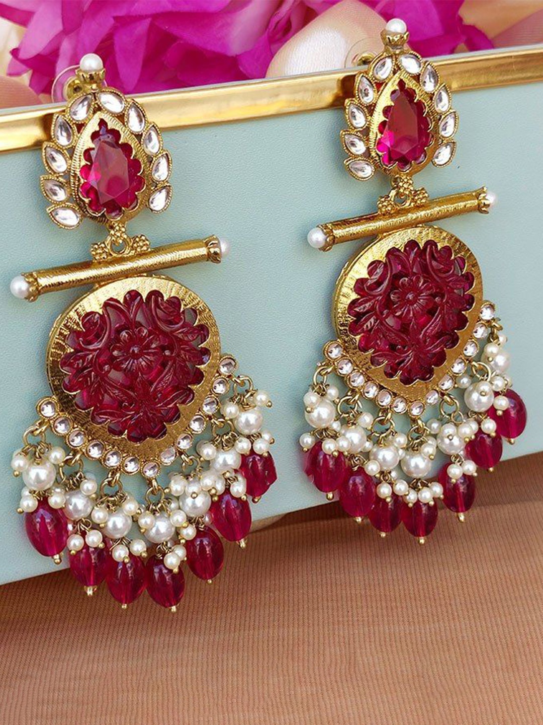 

Lyriss Gold Plated Artificial Stones Studded and Beaded Contemporary Shaped Drop Earrings