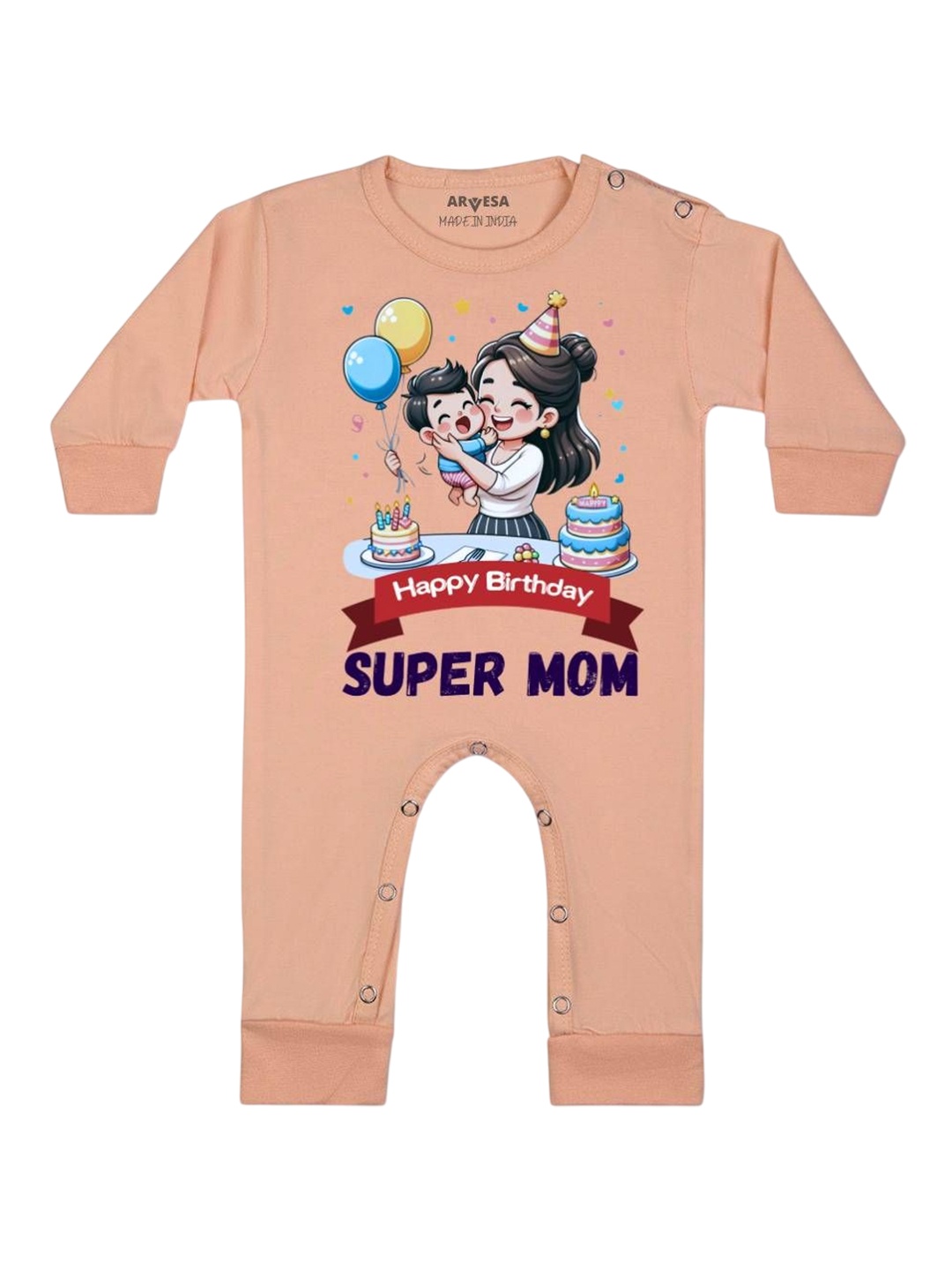 

Arvesa Kids Happy Birthday Super Mom Printed Baby Romper, Peach