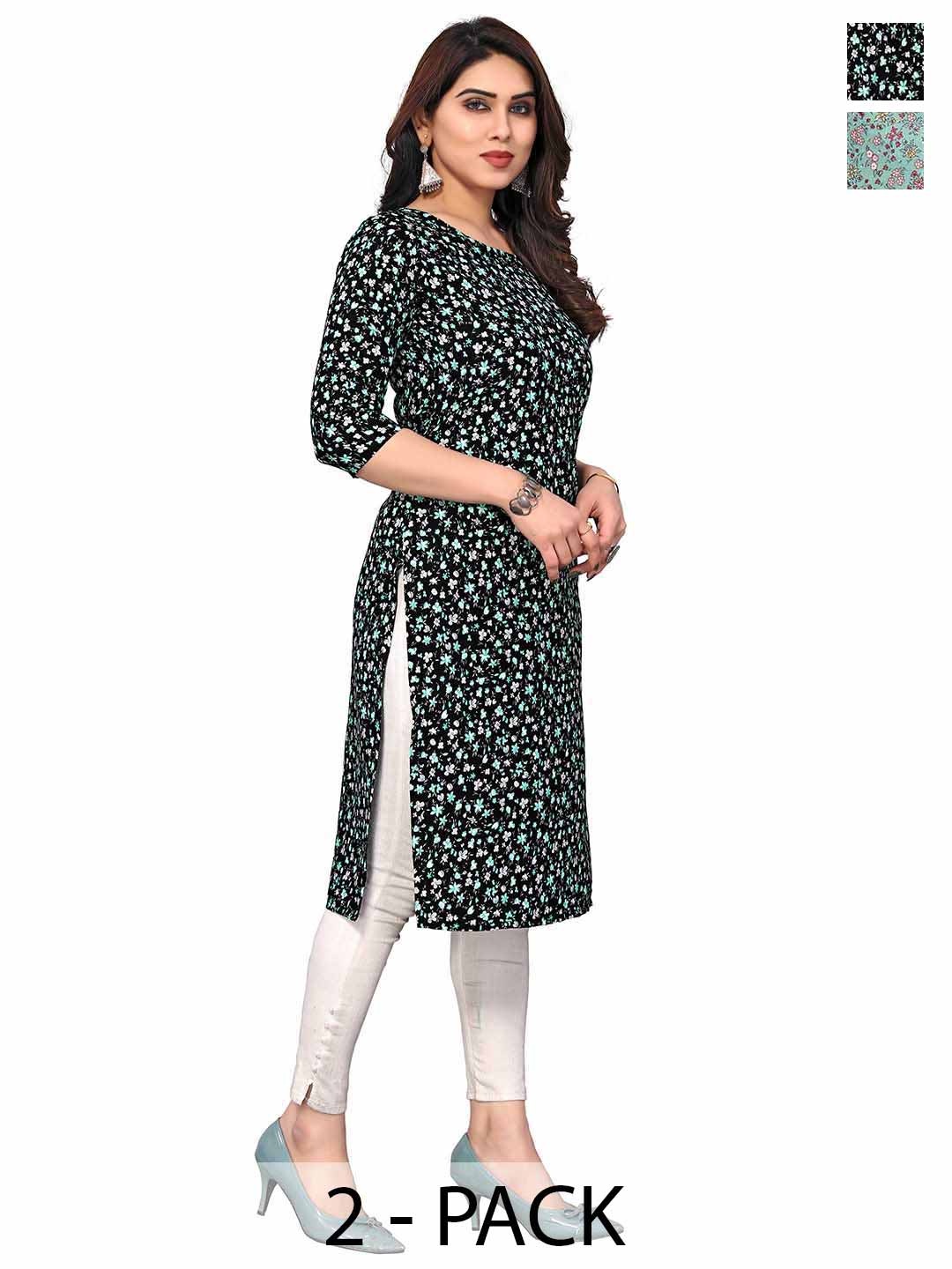 

KETAKI FASHION Selection of 2 Floral Printed Round Neck Straight Kurtas, Black