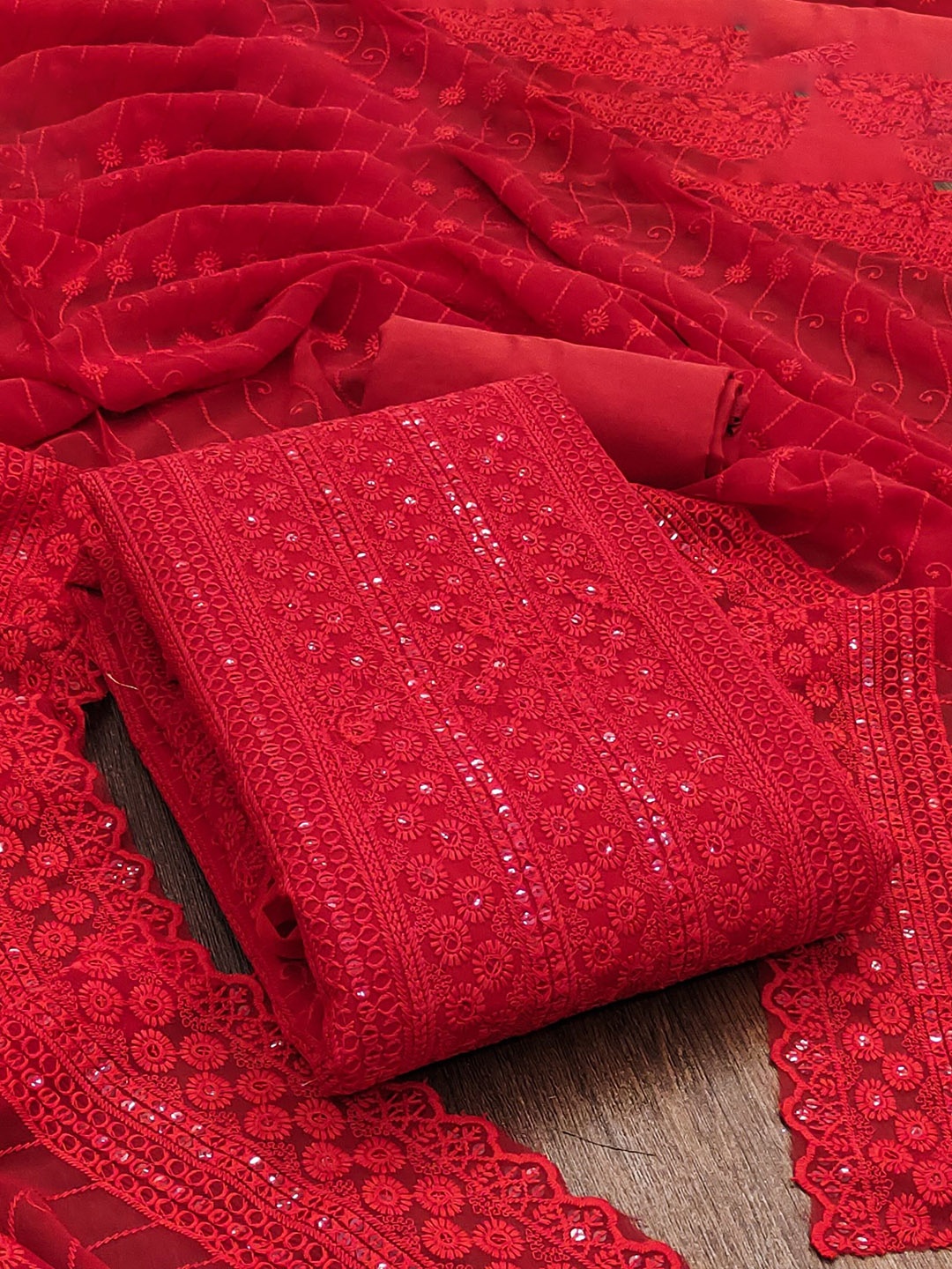 

Rangtulika Ethnic Motifs Embroidered Sequinned Unstitched Dress Material, Red