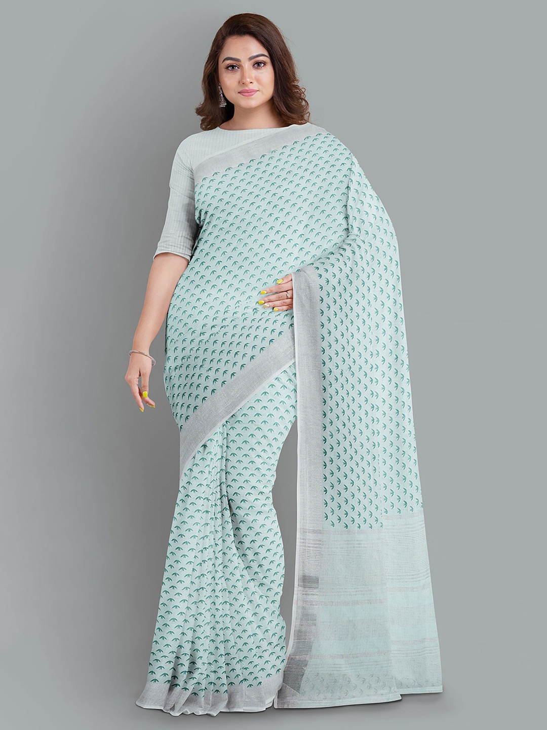 

The Chennai Silks Floral Linen Blend Fusion Bhagalpuri Saree, Green