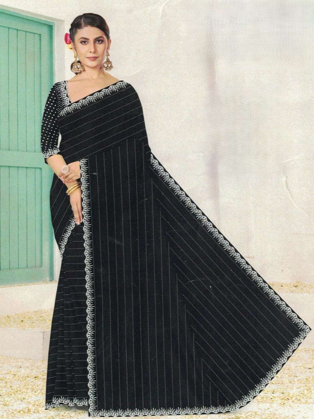 

SHOPPKEE Striped Mirror Work Poly Chiffon Chanderi Saree, Black