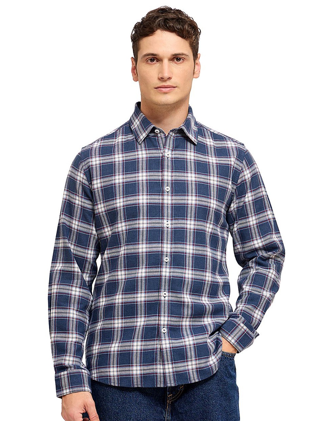 

Mast & Harbour Men Comfort Tartan Checks Opaque Checked Casual Shirt, Navy blue