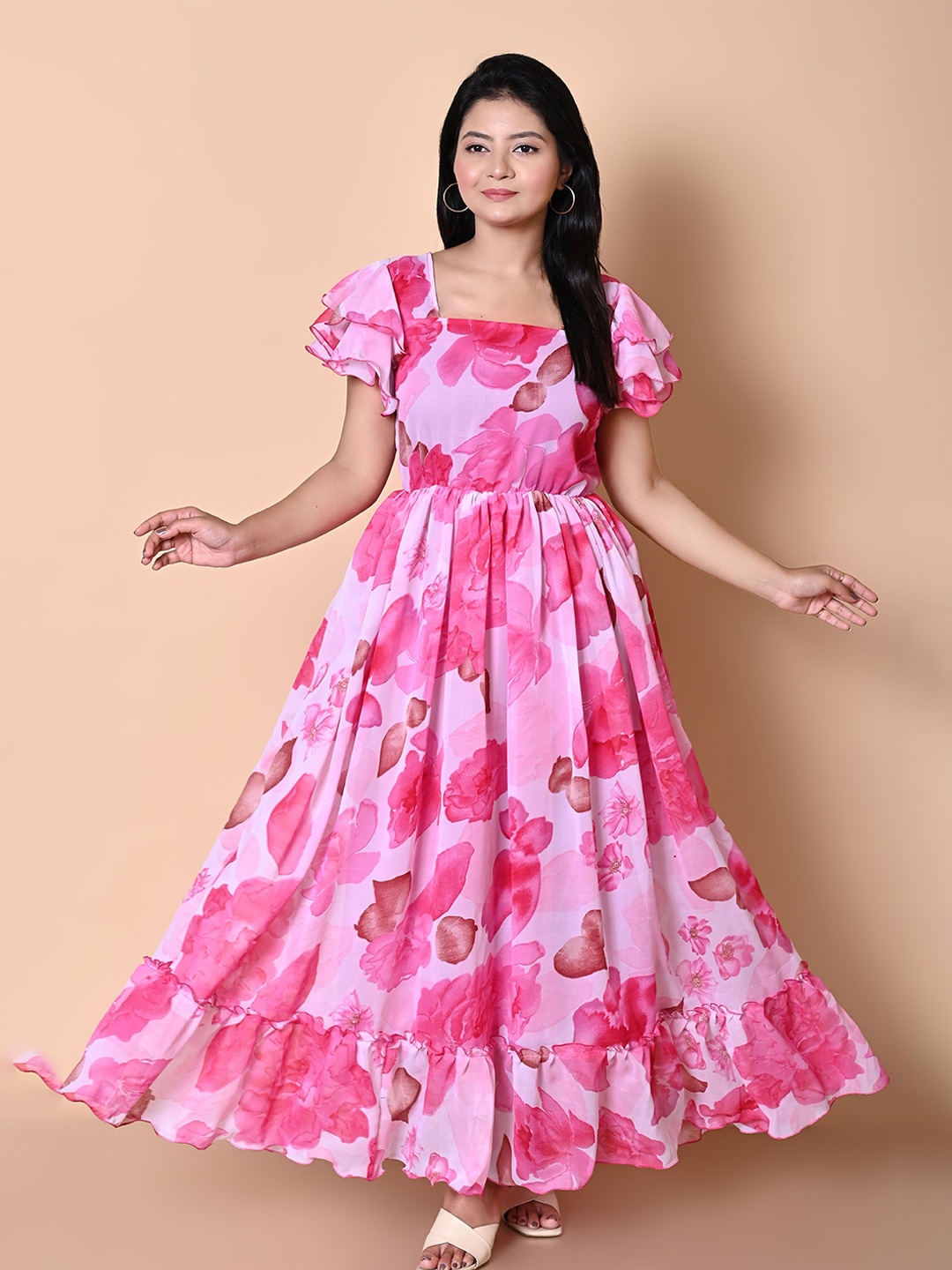 

BAESD Floral Print Flared Sleeve Georgette Maxi Dress, Pink