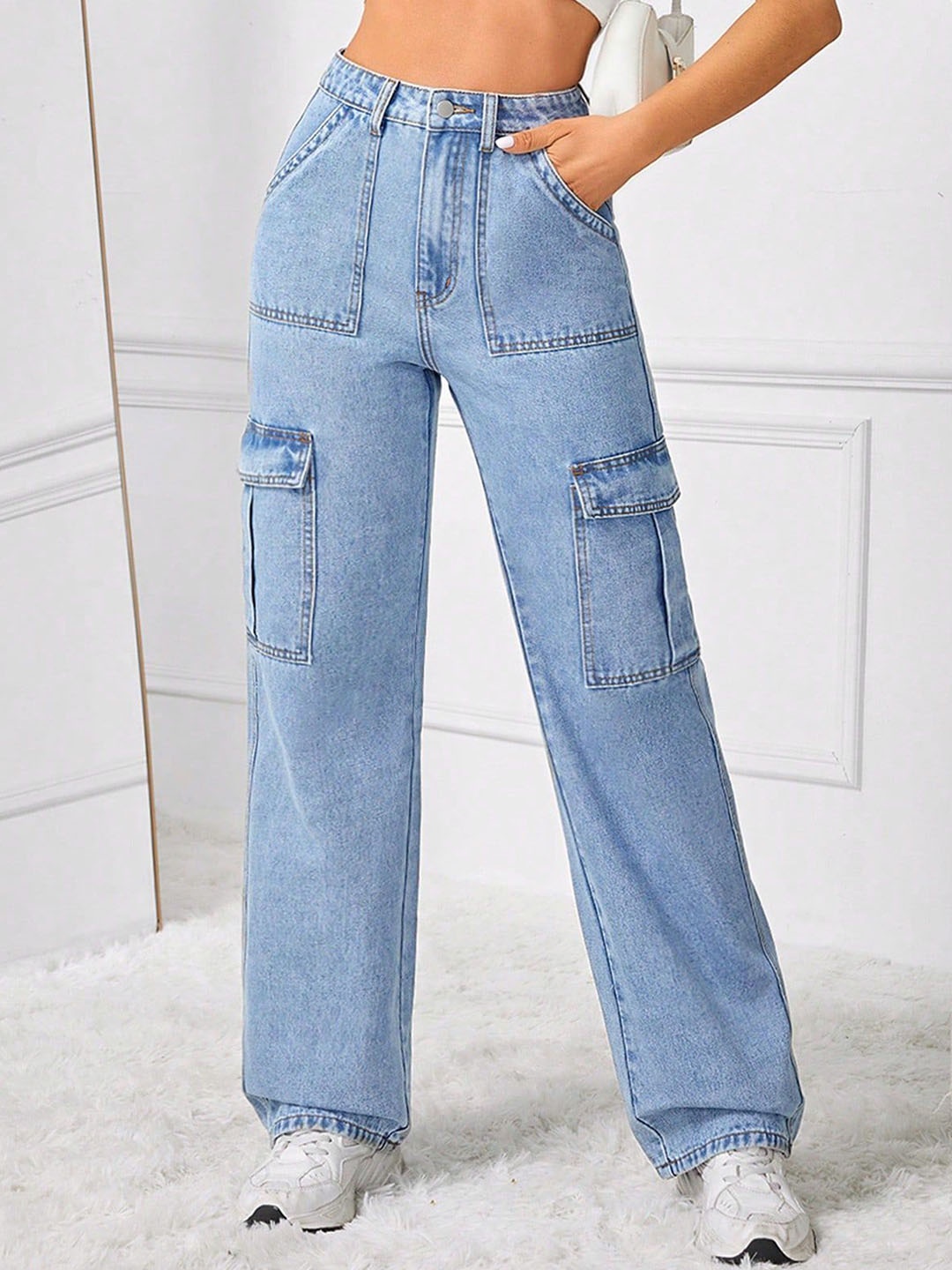 

NU CLOTHS Women Jean Wide Leg High-Rise Light Fade Cargo Style Jeans, Blue