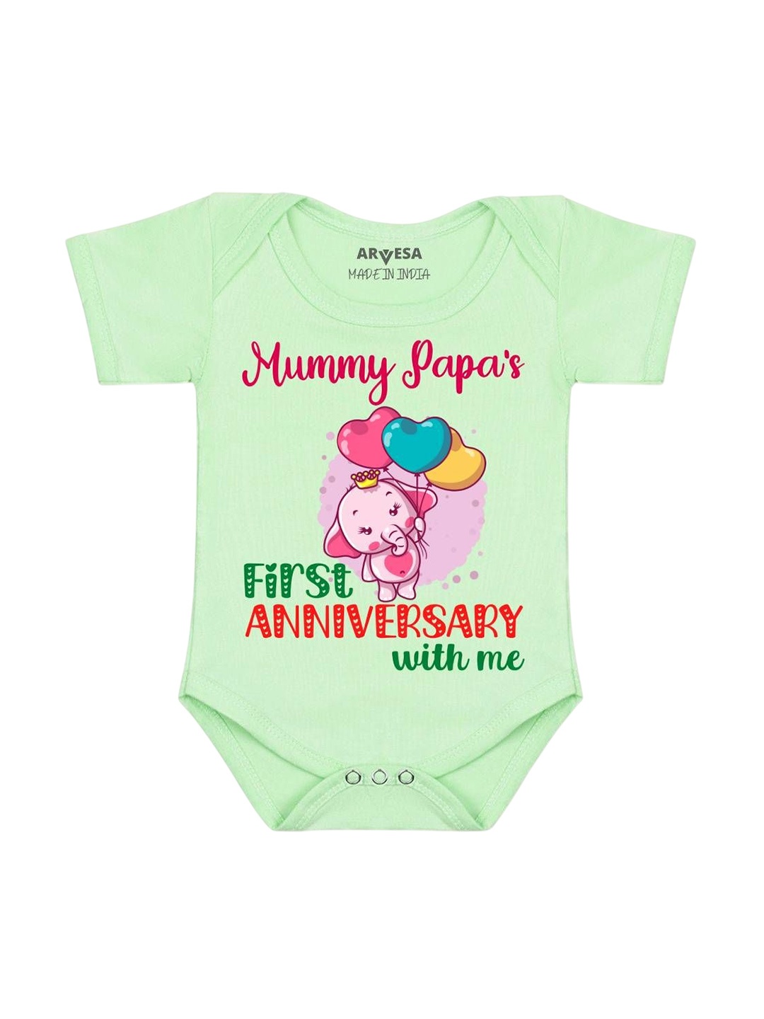 

Arvesa Mummy Papa First Anniversary With Me Printed Romper, Green