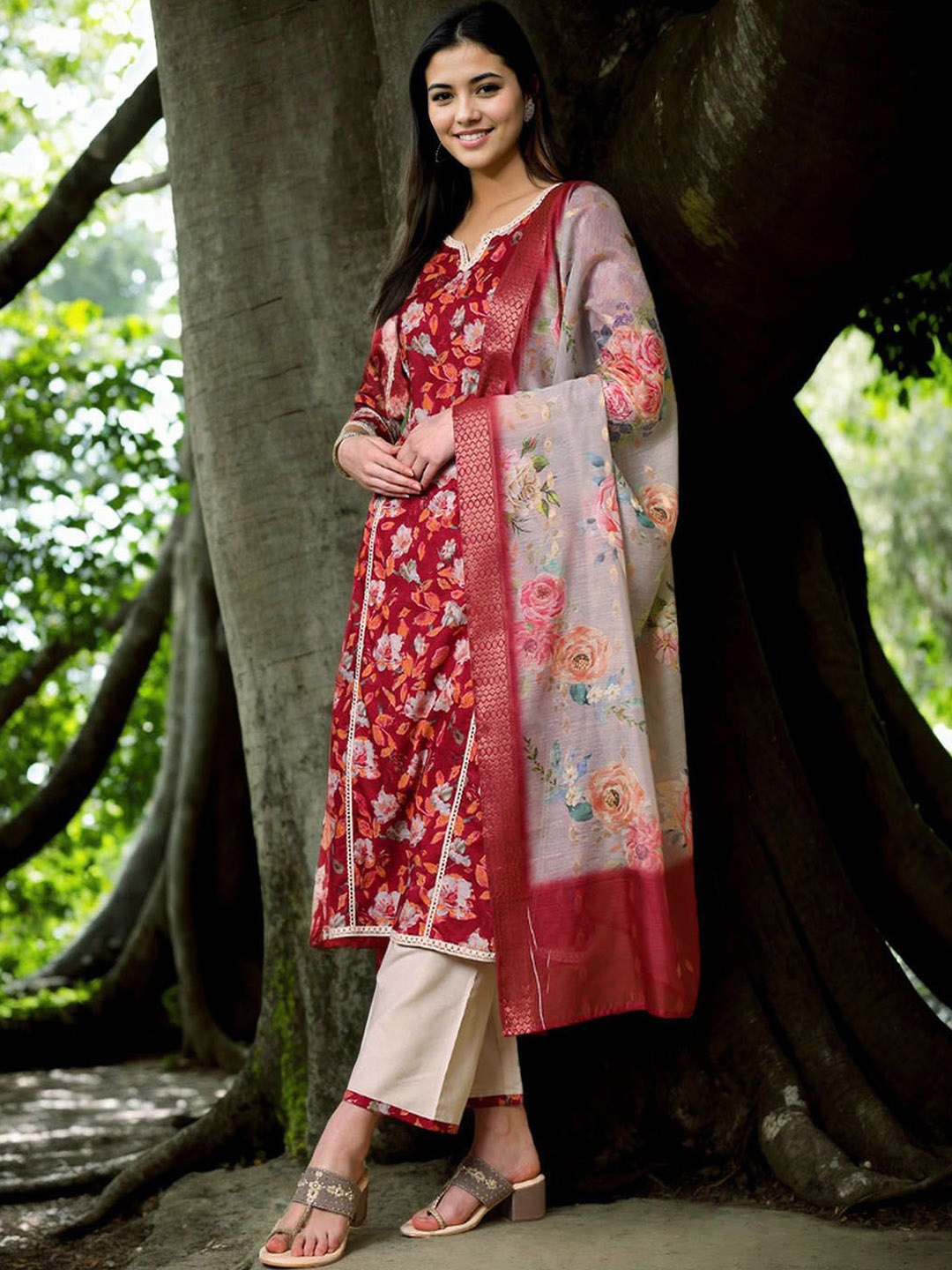 

Anouk Floral Printed Notch-Neck A-Line Pure Cotton Kurta With Trousers And Dupatta, Maroon