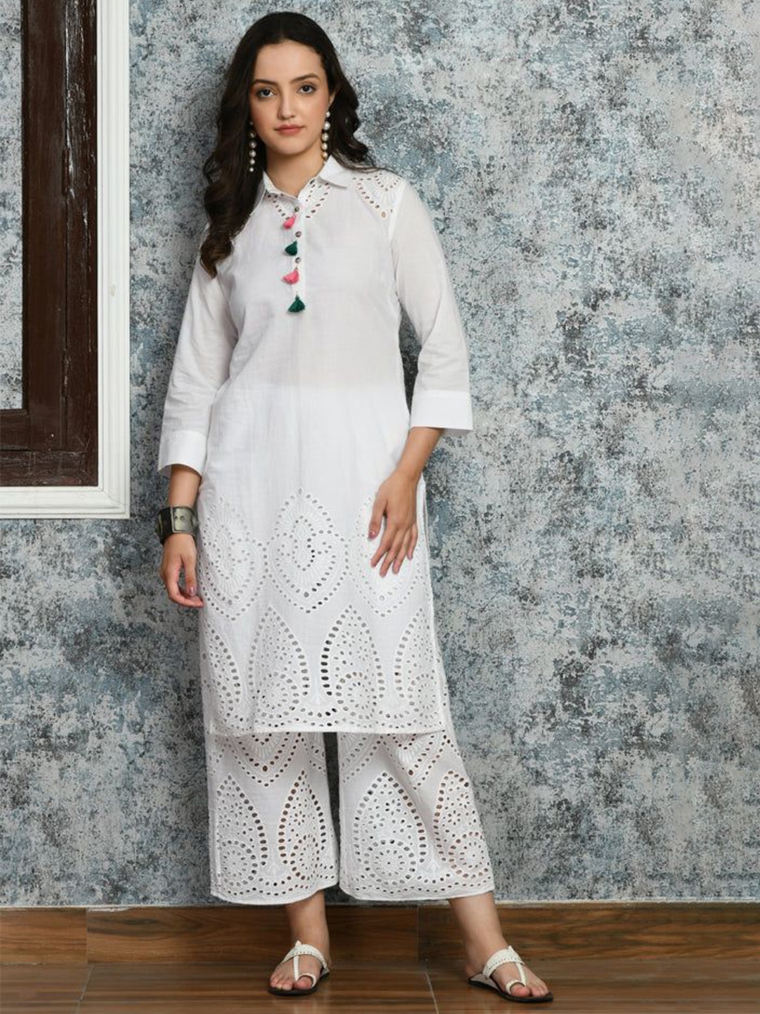 

SEEDS OF FUSION Floral Embroidered Cotton Kurta, White