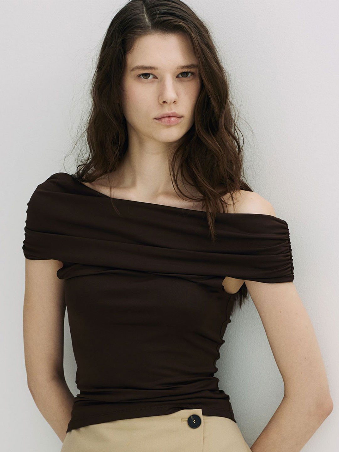 

H&M Gathered Off-The-Shoulder Top, Brown
